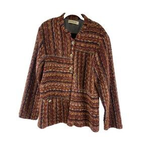 BOGO Canvasbacks Plush Knit Jacket Multi Stripe Pattern Button Shoulder Pads L